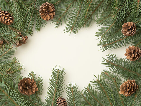 Christmas Fir tree branches and pine cones background