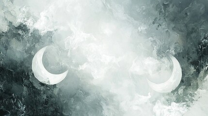 Wall Mural - Abstract grayscale painting of two crescent moons in a cloudy sky.