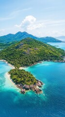 Poster - Breathtaking tropical island emerges from azure waters, fringed with pristine beaches and vibrant vegetation under a sunny sky. Nature beckons for exploration and relaxation