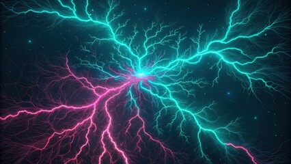 Wall Mural - turquoise and pink lightning is spreading from the center to the edges of dark space, creating a cap