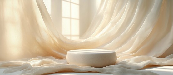 Poster - Round Podium on Flowing Beige Satin Fabric for Natural Cosmetics Display in Minimalistic Modern Style
