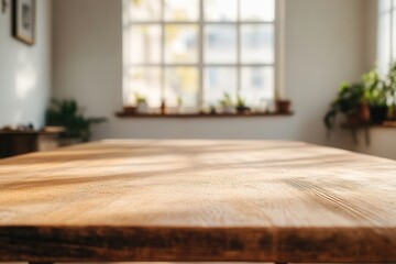Poster - Sunlit wooden table with plants and window view.