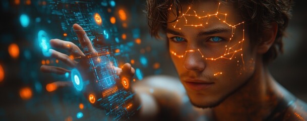Aufkleber - Futuristic Businessman Interacting with Holographic Interface in Cyberpunk Style Technology and AI