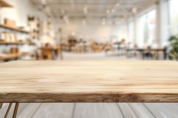 Poster - Wooden table in a bright, modern interior space.