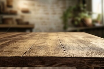Poster - Wooden table in a cozy, blurred interior setting.