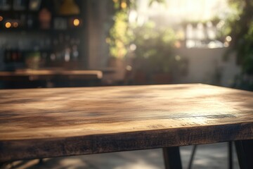 Poster - Wooden table in a cozy, sunlit environment.