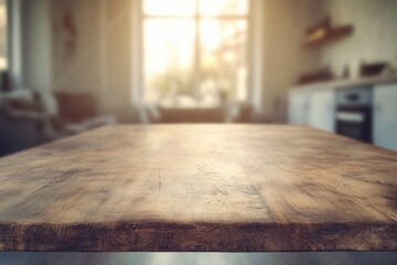 Poster - Wooden table in a softly lit kitchen setting.