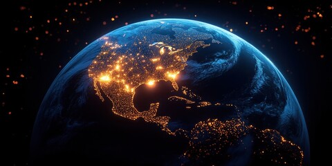 Aufkleber - Illuminated Earth at Night with Glowing City Lights Digital Map of North America