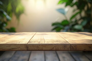 Poster - Wooden table with a blurred green background.
