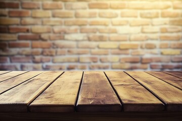 Poster - Wooden table with a brick wall background.