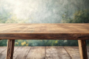 Poster - Wooden table with a blurred natural background.