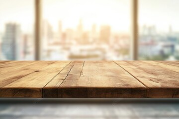 Poster - Wooden table with cityscape background at sunset.