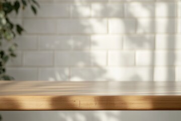 Poster - Wooden table with soft shadows against a white wall.