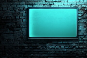 Poster - Glowing teal rectangular frame on a dark brick wall.