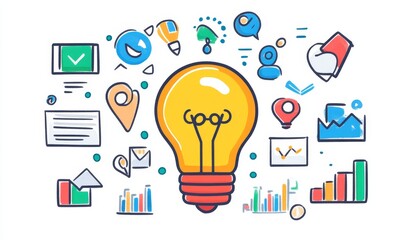 Poster - Bright lightbulb idea with surrounding data analytics, marketing, and location icons.