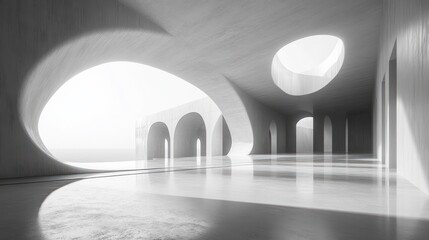 Poster - Minimalist Architectural Interior with Curved Lines Soft Light and High Contrast Abstract 3D Striped Pattern
