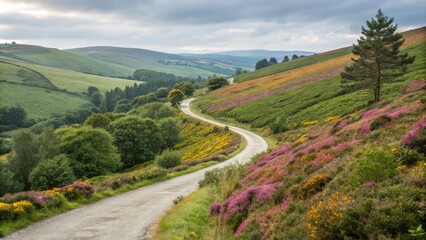 Wall Mural - scenic route winding through vibrant heather in full bloom, traversing rolling hills and valleys of 