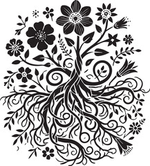 Wall Mural - Roots intertwined with flowers silhouettes vector illustration