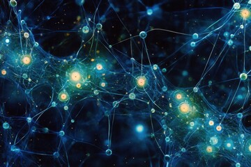 Poster - Abstract image of interconnected nodes, glowing bright in a dark blue space. Illustrates concepts like neural networks, connections, or cosmic structures.