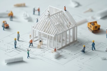 Poster - Miniature construction workers building a house frame on blueprints. (1)