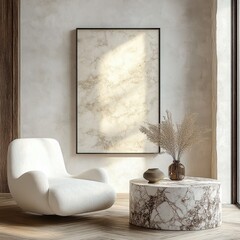 Poster - Minimalist Interior Scene with White Armchair and Marble Coffee Table Ambient Lighting Scandinavian Design