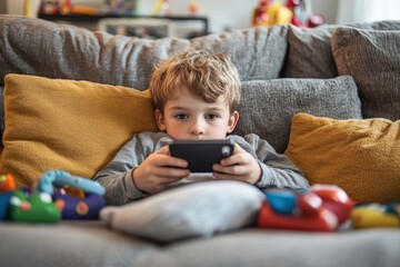 Young boy sits on couch using smartphone. Illustrates children's screen time, technology use, and family life.