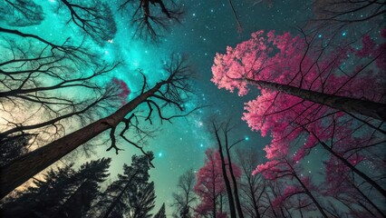 Wall Mural - magical infrared forest canopy reaching for turquoise and pink starry night sky with milky way galax