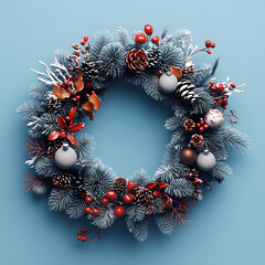 Poster - Christmas wreath on a light blue background, bright vector 3D illustration