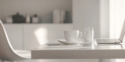 Poster - Minimalist workspace with coffee cup, laptop, and stationery on a white table.