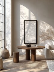 Poster - Minimalist Interior Scene Mockup Round Table Sunlight Scandinavian Design Warm Color Palette