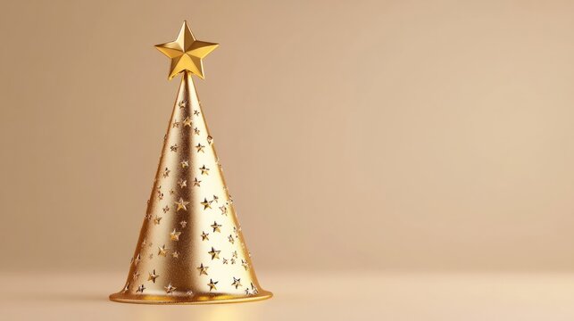 A vibrant 3D rendering of a single elegant golden holiday hat with festive stars, set on a smooth clean surface realistic 