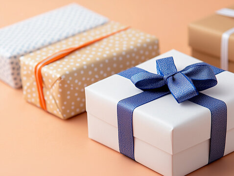 Gift boxes wrapped in paper with ribbon and bow on pink