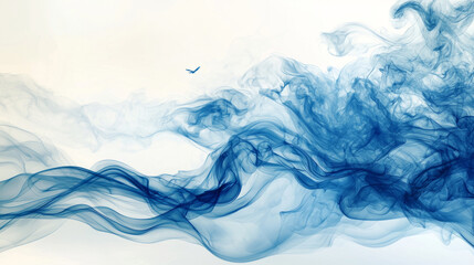 Poster - Soft, flowing strands of blue create a mesmerizing tapestry against a pristine white background. A solitary bird glides above, capturing the essence of peace and limitless sky