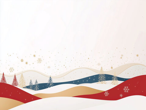 Gold Christmas and New Year Typographical on red Xmas background with winter landscape with snowflakes, light, stars. Merry Christmas card