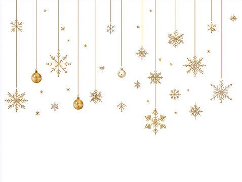 Gold snowflakes falling on white background. Golden snowflakes border with different ornaments. Luxury Christmas garland. Winter ornament for packaging, cards, invitations. Vector illustration