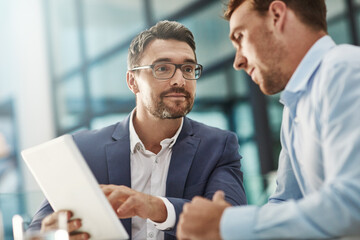 Poster - Tablet, planning and business men in office with research for online stock market investment. Discussion, team and male financial advisors with digital technology for company capital gain proposal.