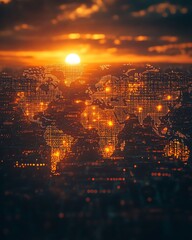 Aufkleber - A world map radiating with the warmth of sunset light, adorned with intricate digital designs symbolizing global innovation