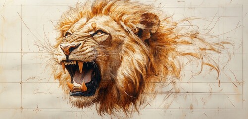 Roaring Lion Head Classic Anatomy Illustration Vintage Engraving Black and White Art Drawing