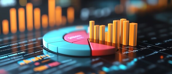 Poster - An interactivestyle 3D pie chart with vivid shading, overlaying a detailed financial report containing key performance metrics