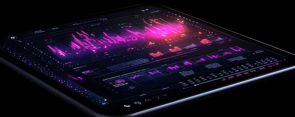 Poster - A 3D digital data visualization on a tablet screen, showcasing realtime metrics, interactive graphs, and glowing data lines