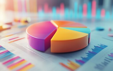 Leinwandbilder - A colorful 3D pie chart floating above a financial report background, with charts, graphs, and detailed statistics in high resolution