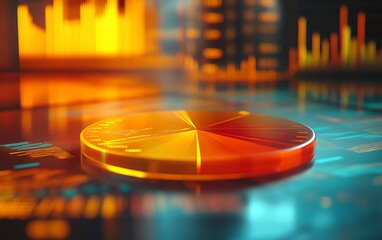 Leinwandbilder - A colorful 3D pie chart floating above a financial report background, with charts, graphs, and detailed statistics in high resolution