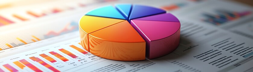 Poster - A creative 3D pie chart with gradient colors, set on a professional financial report background adorned with data charts and graphs