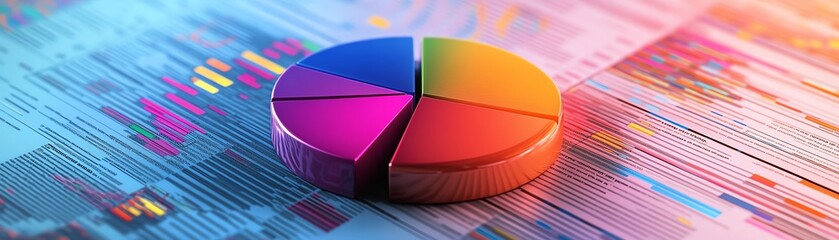 Poster - A creative 3D pie chart with gradient colors, set on a professional financial report background adorned with data charts and graphs