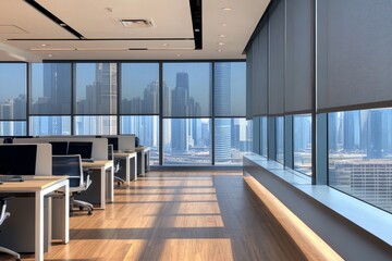 Aufkleber - Modern office interior with panoramic city view, sunlight streaming through large windows and roller blinds.