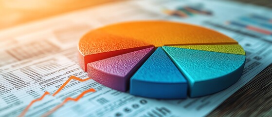 Poster - A polished 3D pie chart with segmented clarity, resting on a financial report background with layered data and financial indicators