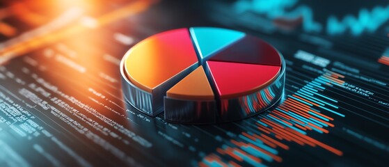 Poster - A polished 3D pie chart with segmented clarity, resting on a financial report background with layered data and financial indicators