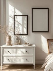 Poster - Minimalist Interior Design White Dresser Natural Lighting Scandinavian Style with Soft Shadows
