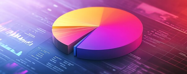 Leinwandbilder - A realistic 3D pie chart with vibrant segments, placed on a detailed financial report background filled with graphs and data