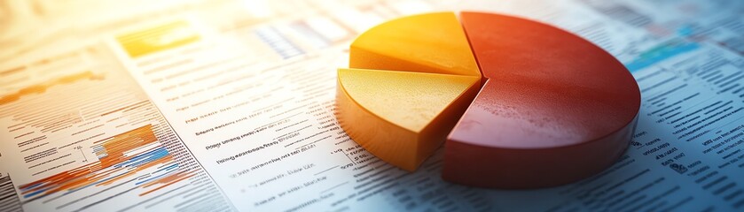 Leinwandbilder - A sleek 3D pie chart with shadowed details, paired with a financial report backdrop displaying critical business analytics